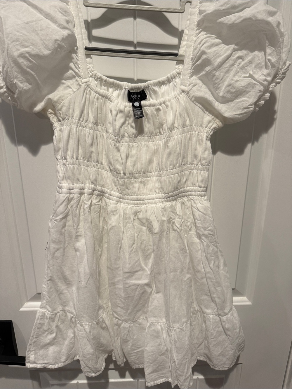 Aqua White Puff-Sleeve Cotton Kids Dress